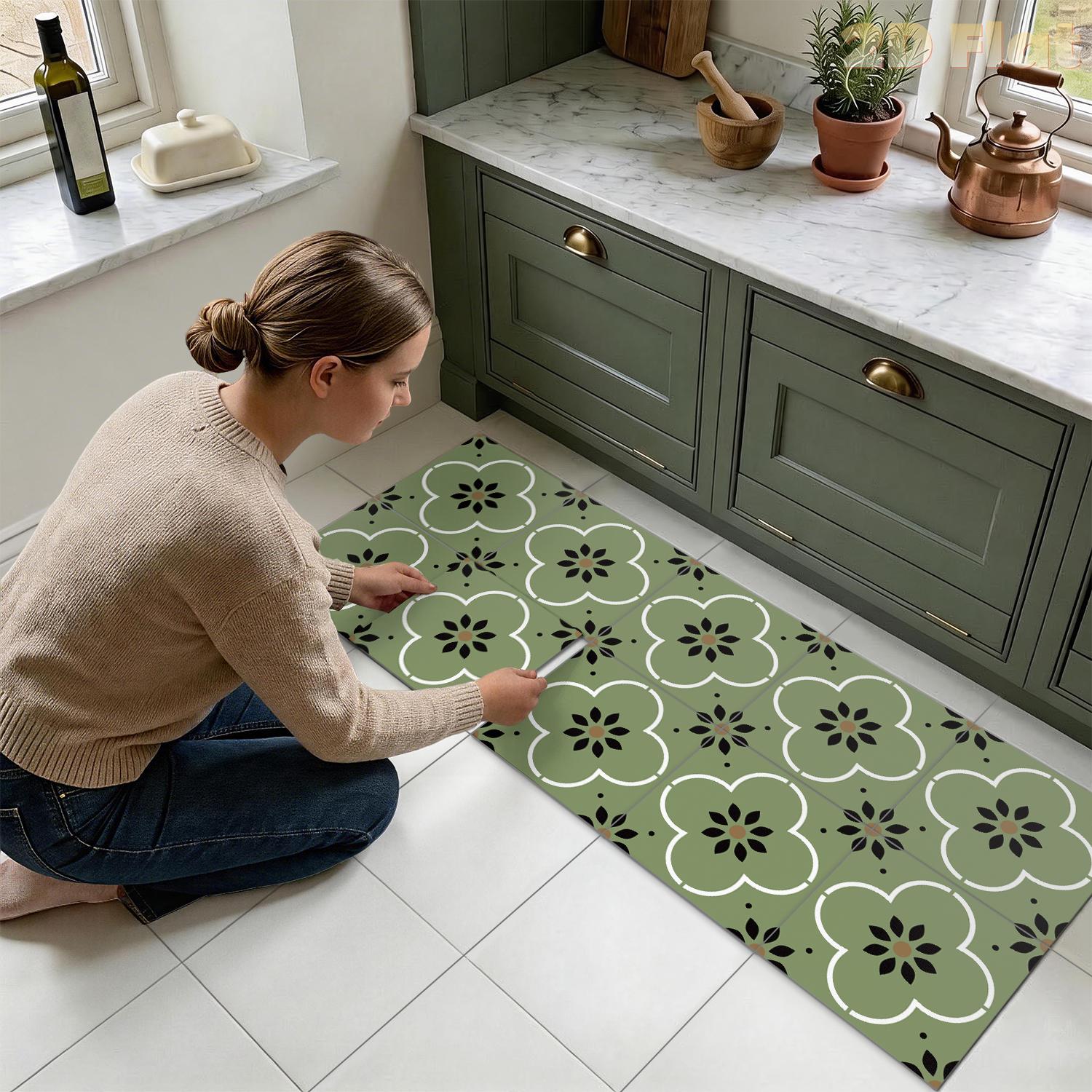 Kitchen Gadgets Green - Bohemian Green Floral Floor Tile Stickers,